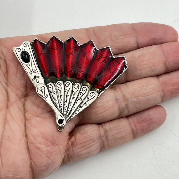 Chicos Silver Tone Red Enamel Brooch Pin Asian Inspired Black Rhinestone - Picture 3 of 5